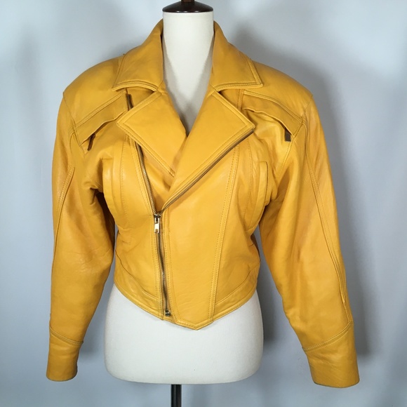 VINTAGE 80's Leather Jacket YELLOW S - Picture 1 of 8